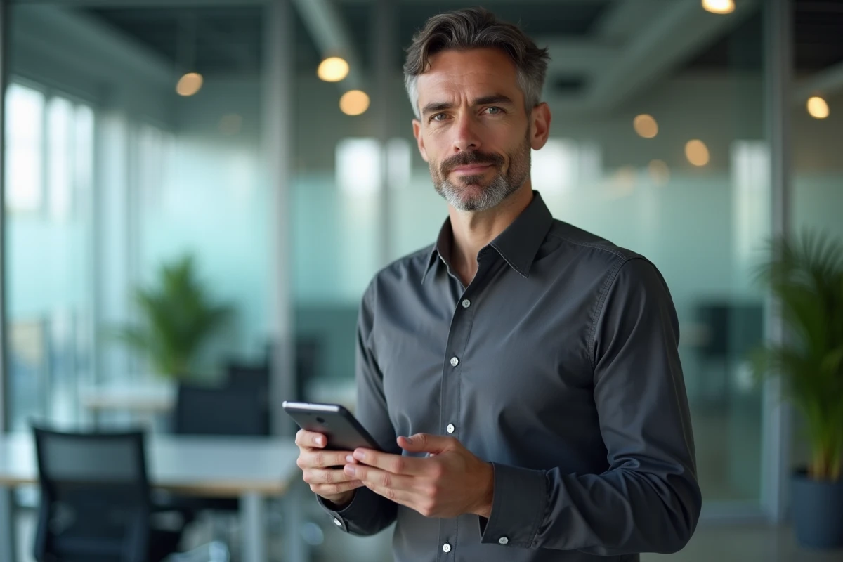 Homme en entreprise vérifiant la sécurité de son smartphone dans un espace de travail moderne