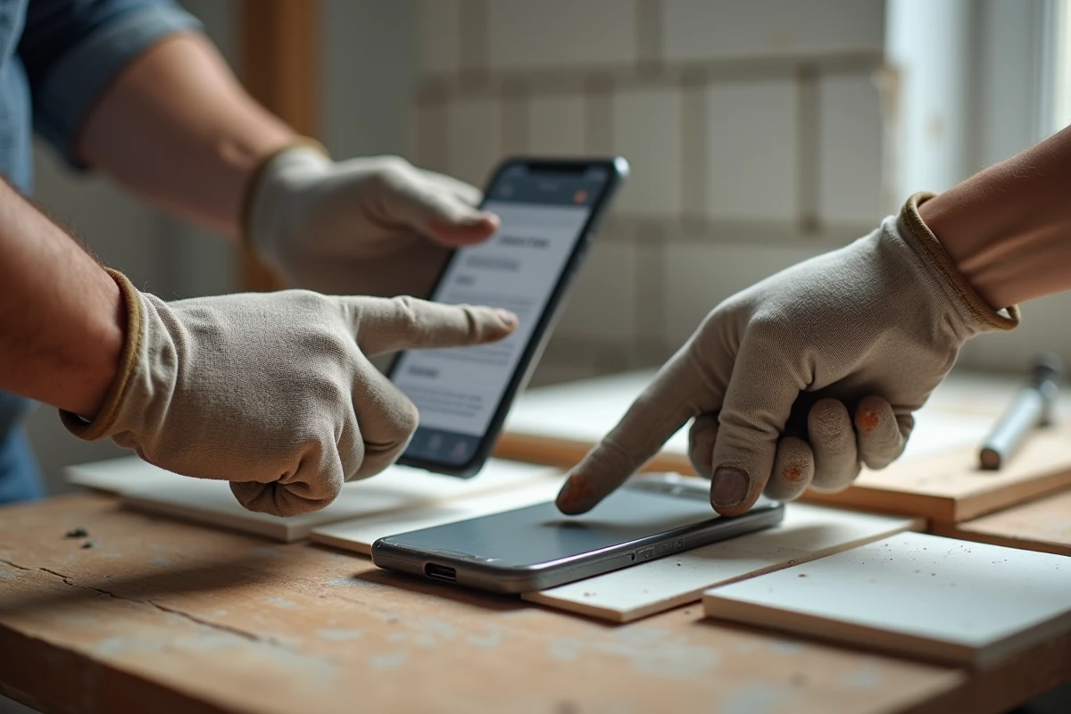 Gros plan de mains tenant un smartphone avec tutoriel carrelage en ligne lors d'une rénovation bricolage à domicile