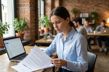 Jeune femme lisant attentivement un contrat de stage à un bureau dans un espace de coworking moderne