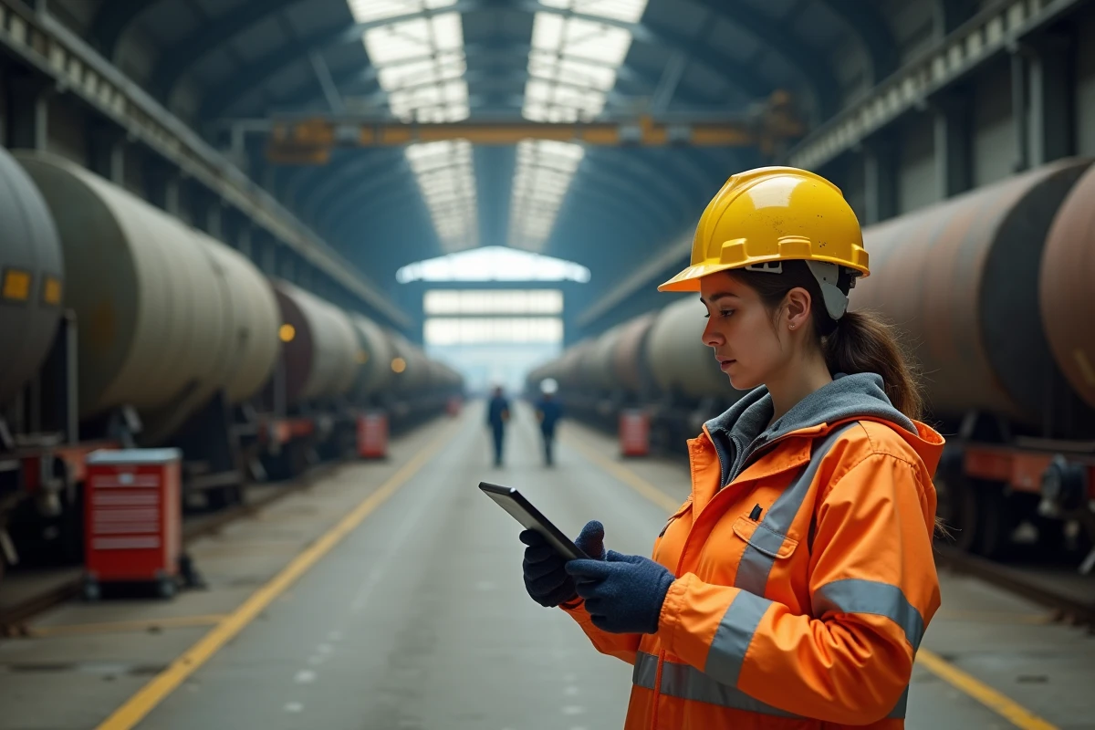 Wagoniste féminine consultant une tablette dans un atelier de maintenance ferroviaire