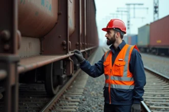 Wagoniste en tenue de travail inspectant un wagon de fret dans un dépôt ferroviaire industriel